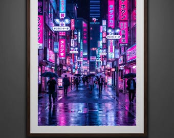 Neon Tokyo Street Scene Druck: Cyberpunk Night, Nasse Spiegelungen, Japanische Schriftzeichen