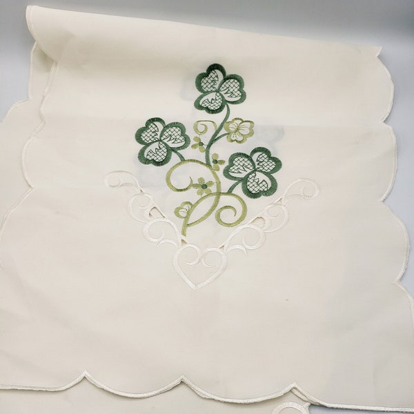 Cutwork Table Runner Embroidered Off-White Green Shamrocks Clovers St Patrick's. Beautiful table runner. Measures 69" long and 15" wide.