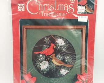 Vintage Cardinals Cross Stitch NIP  1976 Christmas Traditions Designs Needle. Beautiful 12" diameter finished project. Suitable for framing