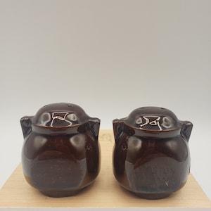 May include: Two brown ceramic salt and pepper shakers. Each shaker has a rounded body with a small handle on each side and three holes on top. The word "BOSTON" is visible on one shaker.