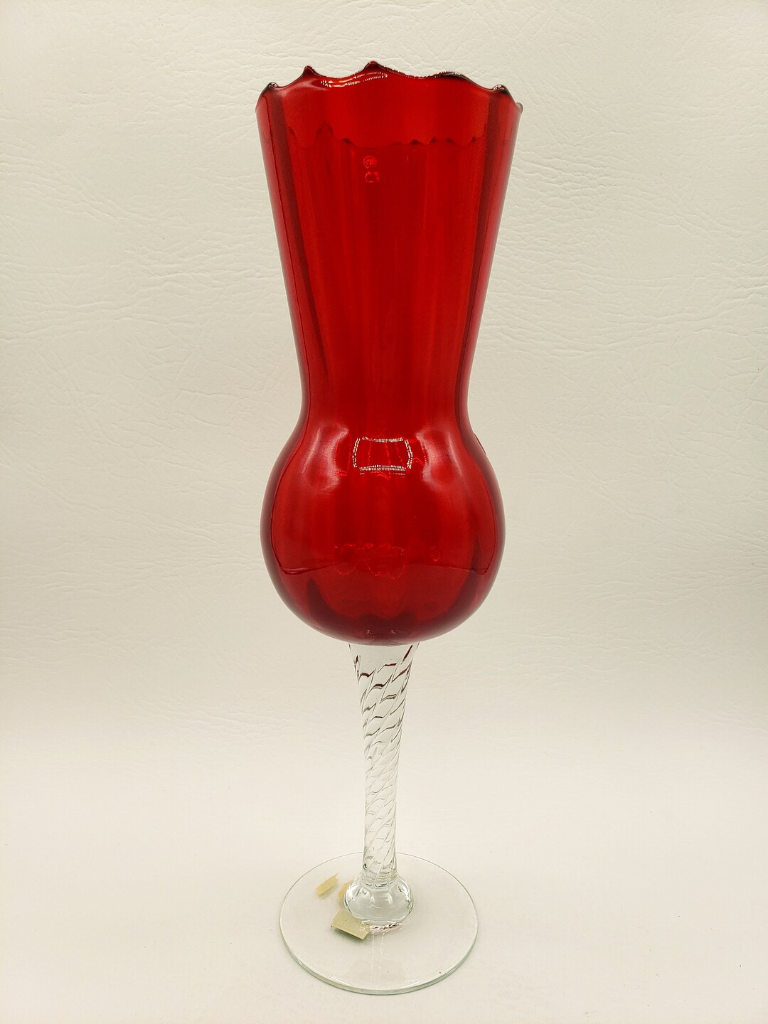 Amberina Art Glass Optic Vase Ruby Red Twisted Stem Japan 12 Hand Blown