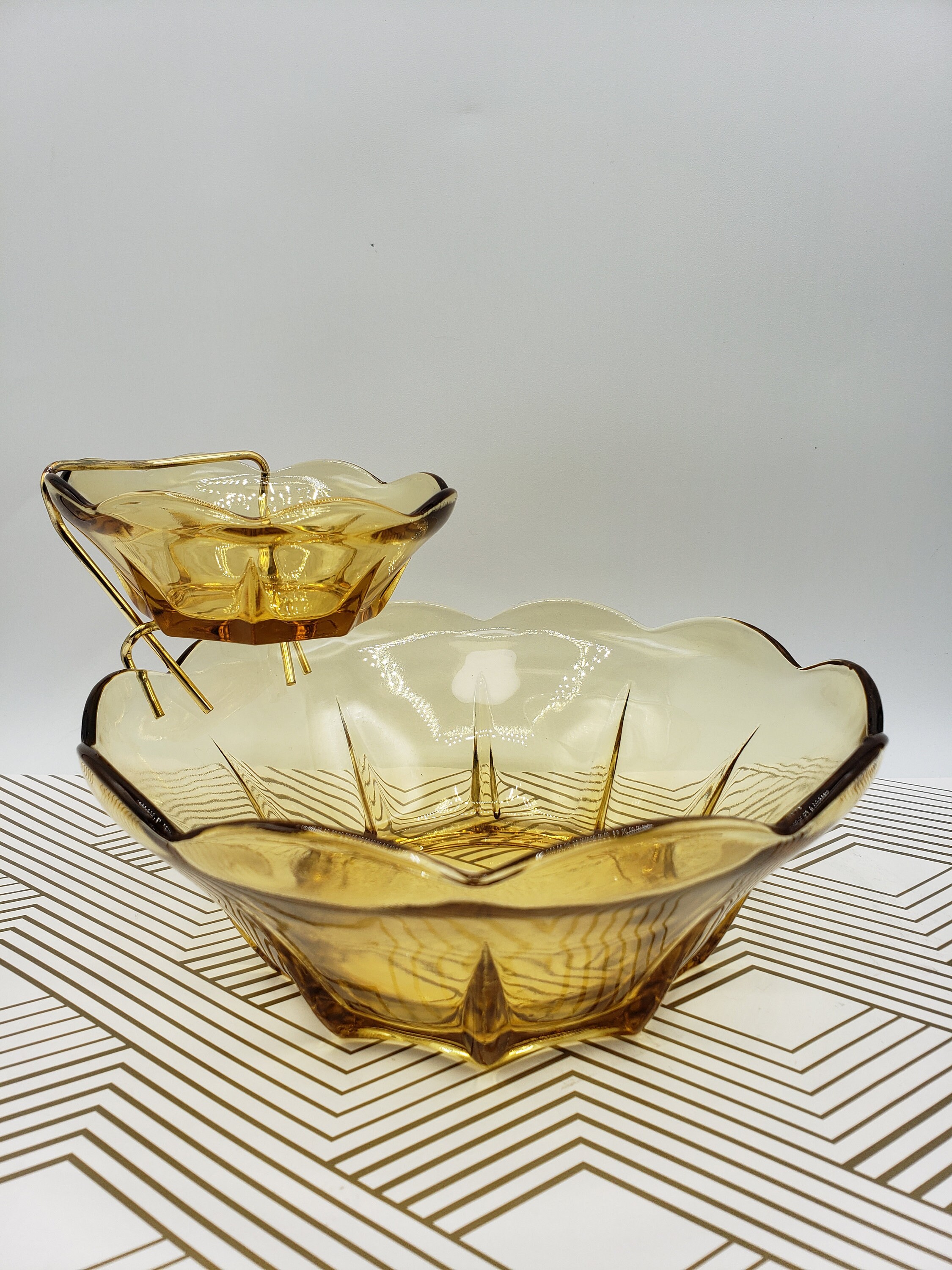 Anchor Hocking Honey Gold Chip & Dip Bowl Set Swedish Modern 3 Pc Amber