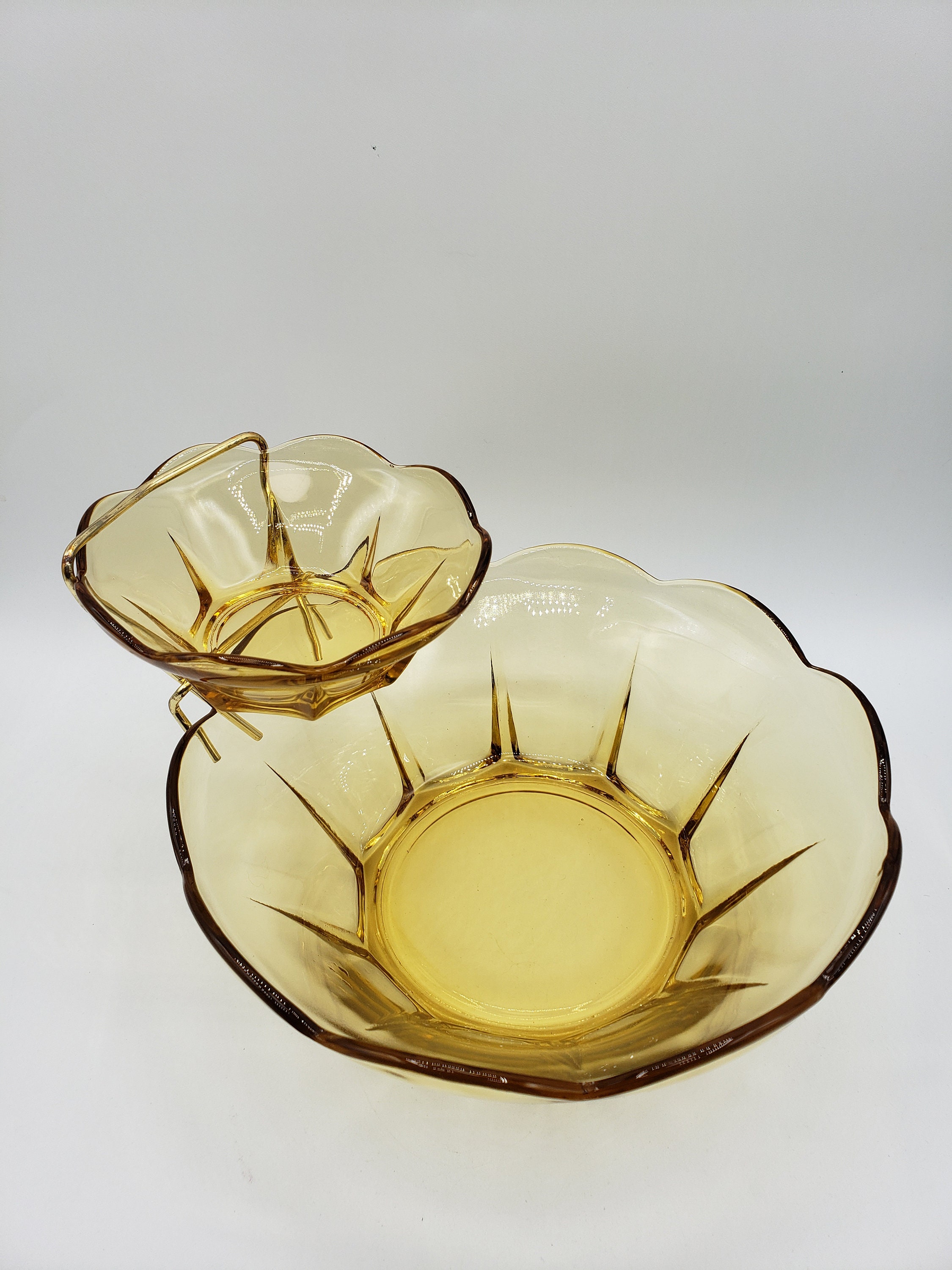 Anchor Hocking Honey Gold Chip & Dip Bowl Set Swedish Modern 3 Pc Amber