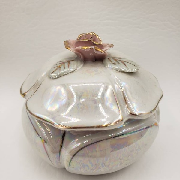 Vintage Opalescent Trinket Dish Box Japan Gold Trim & Rose Flower Lid Porcelain. Gray with Pink Rose Lid. One chip. Hand painted. Dresser