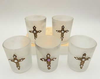 Rhinestone Cross Votive Tealight Frosted Candle Holder Religious Easter Lot 5. Each measures 2.75" tall, 2.25" across top and 1.75" bottom.