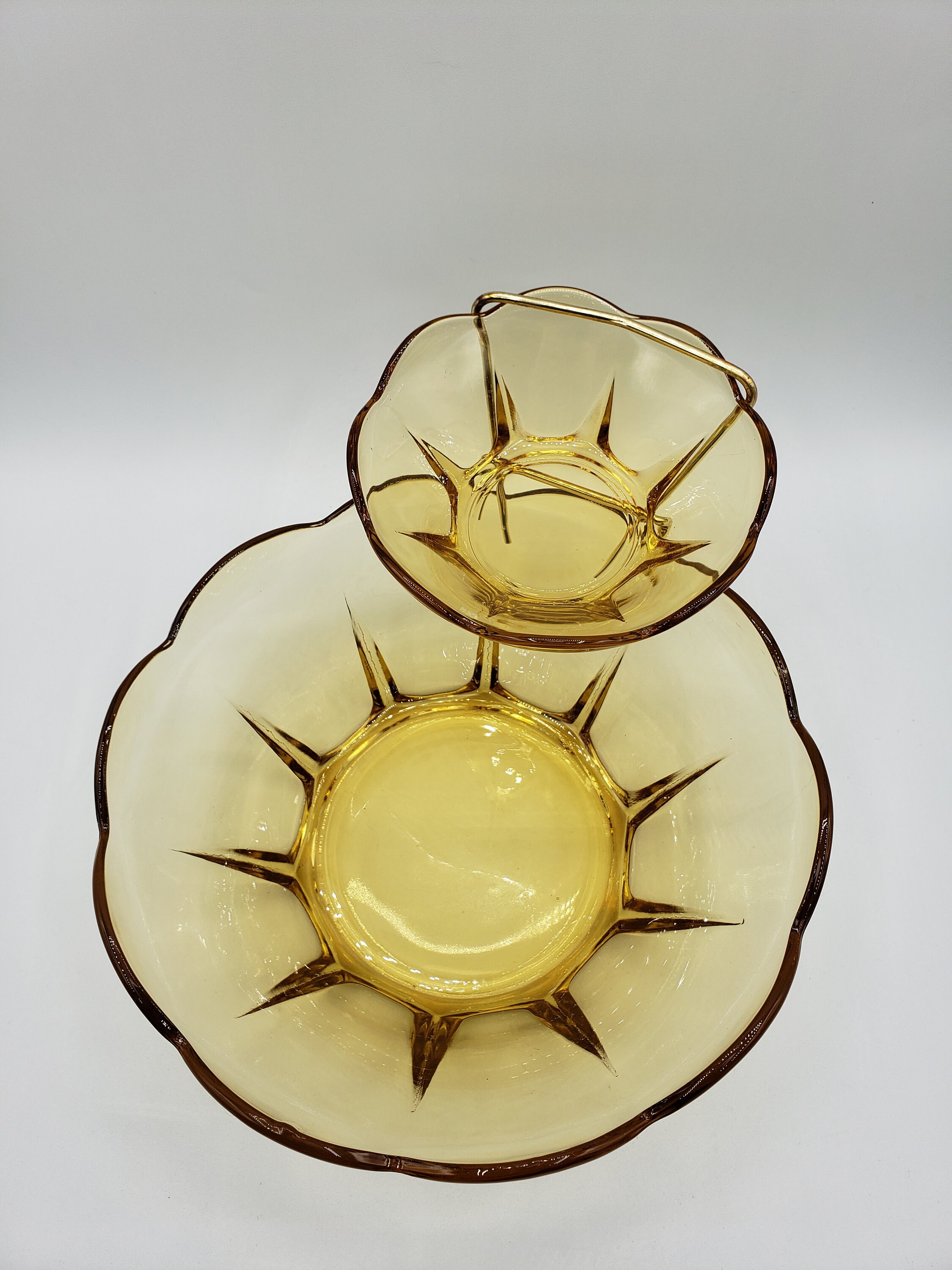 Anchor Hocking Honey Gold Chip & Dip Bowl Set Swedish Modern 3 Pc Amber