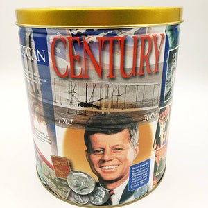 Vintage 1999-2000 Trail&#39;s End Popcorn Tin The American Century John F Kennedy 7.25&quot;H. Light wear (see description) Collectible. For display