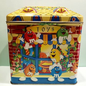 M&M Candy Tin Holiday Christmas Village Series Toy Shop 1996 Canister #3 Limited. 5&quot;x5&quot; vintage collectible tin. GUC. Decorative. Mars tin.