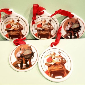 Norman Rockwell Vintage Christmas Ornaments JC Penney (5) Porcelain Medallion 1995,1996 w Ribbons. Santa Reading Letters. Santa at the Globe