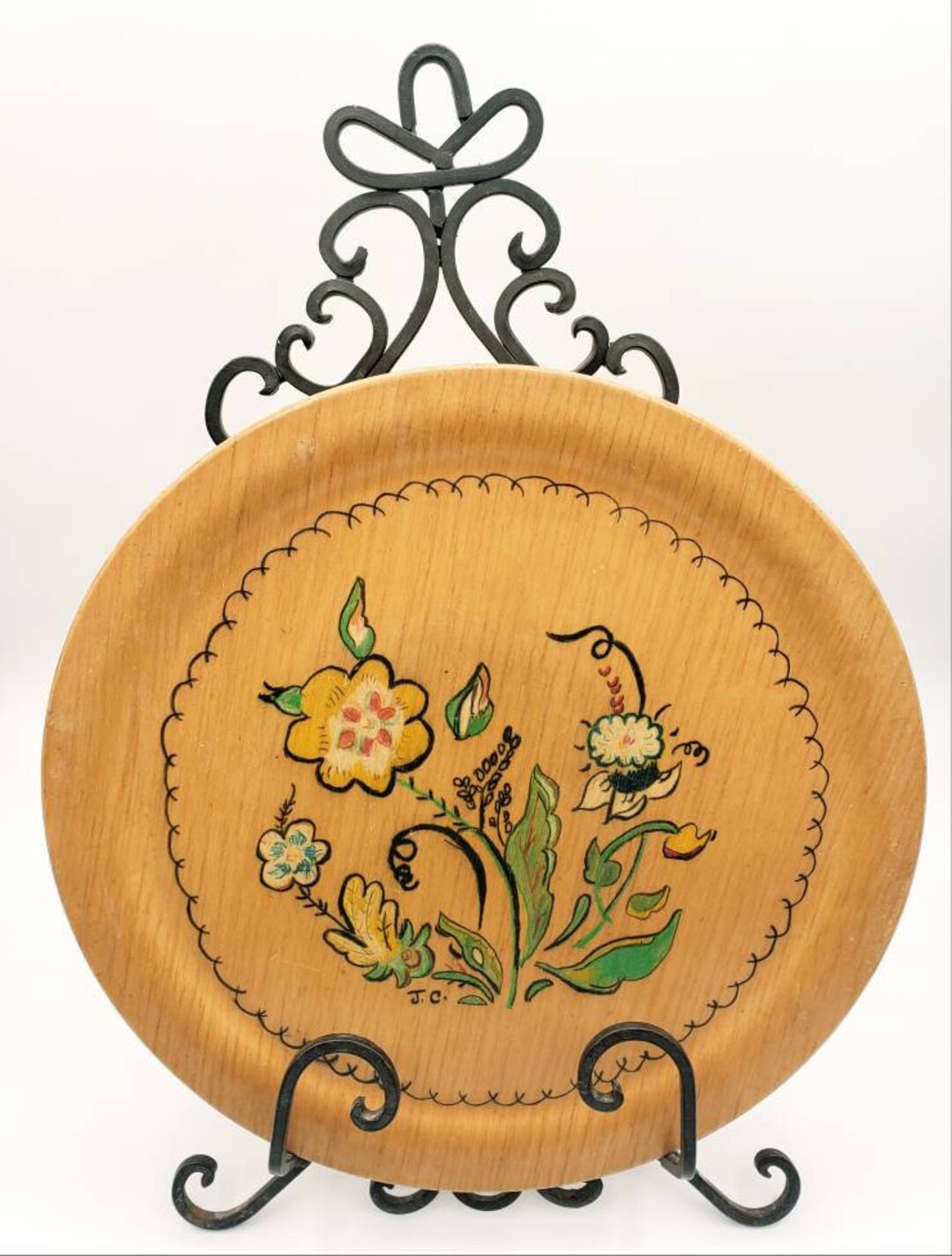 Boho Hand Painted Wood Plate Wall Art & Vintage Metal Stand Wild Flowers Signed. This Wonderful