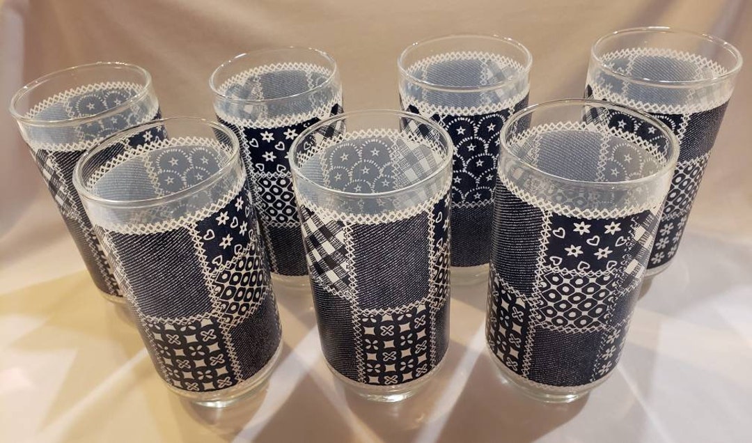 Libbey Navy Blue & White Patchwork Drinking Glasses Set of 7 Gingham ...