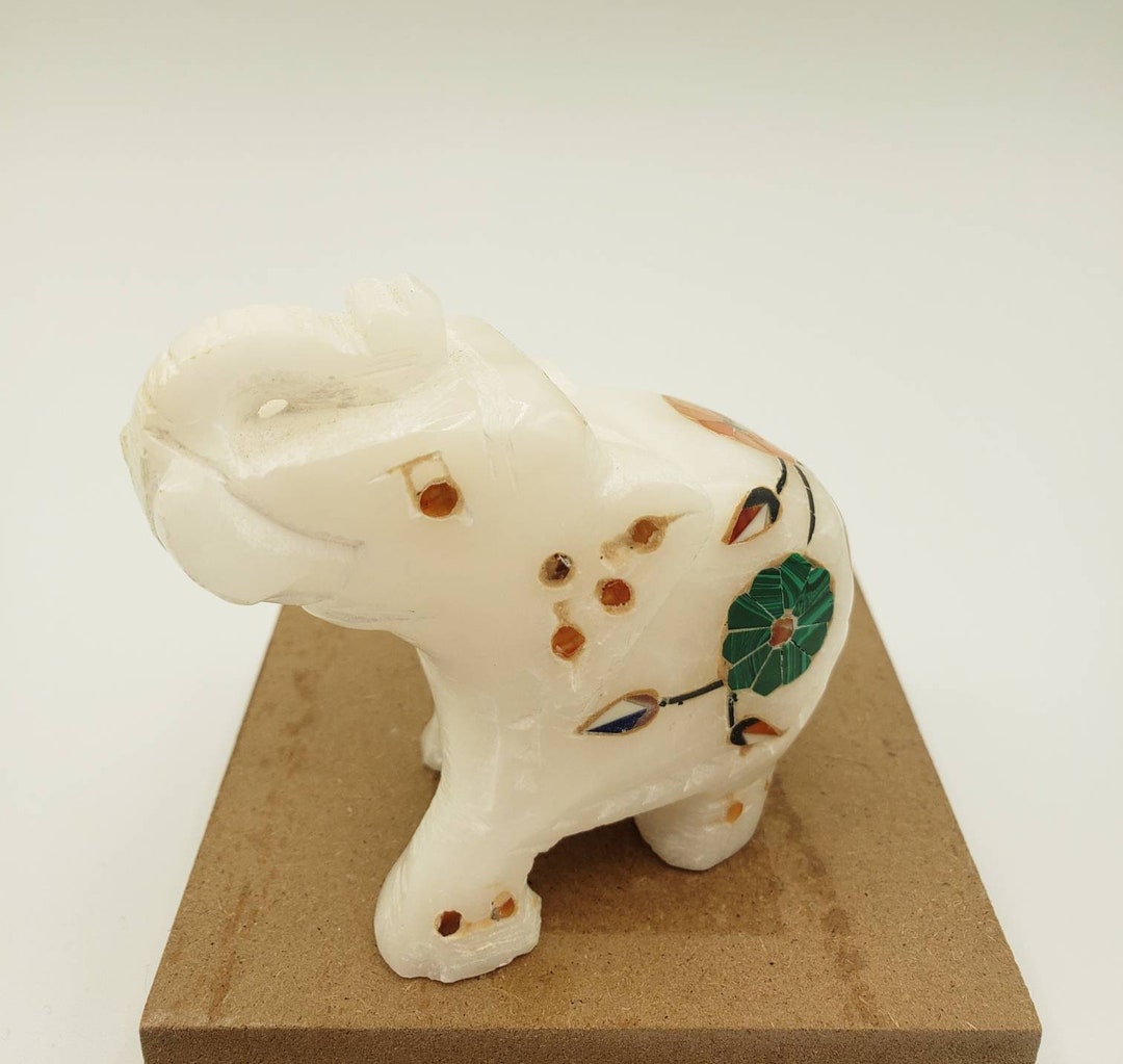 Hand Carved Marble Elephant With Semiprecious Stones Inlay Flowers 2
