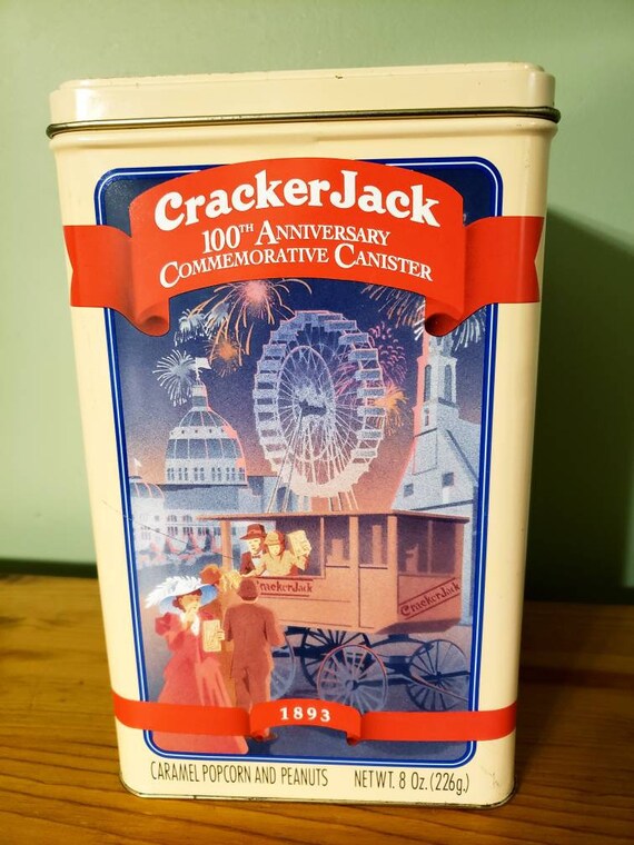 Design ~ 20-01-32 Decor Tin CrackerJack 100th Anniversary Vintage Canister Metallic Box White Photo Prop Home Interior