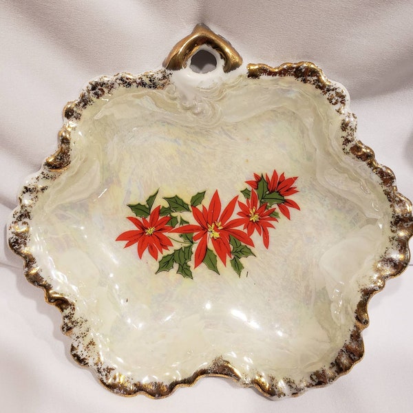 Christmas Brinn's Porcelain Vintage Candy Dish Iridescent Poinsettia & Gold Trim. Made in Japan. 7"x7". Original label. Retro Decor.