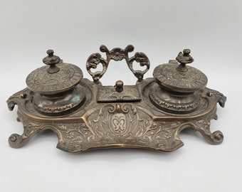 Antique Art Nouveau Bronze Metal Double Inkwell Ornate Desk Set Scrolled 11"Long. Heavy, detailed, double inkwell with hinged center