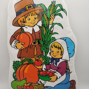 Vintage Thanksgiving Decoration Die Cut Wall Decor Little Pilgrims Harvest 1980s. A sweet, vintage item. Measures about 17.5&quot; long and 11.5&quot;
