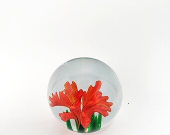 Vintage Art Glass Paperweight Red Flower Chrysanthemum? Floral MCM Decor. Beautiful item! Light wear. About 2.5" sphere.