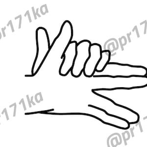 May include: A black and white line drawing of a hand making the sign language symbol for the letter "D".