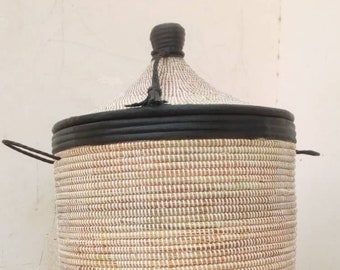 African Extra-Large Woven Basket with Lid, Senegal Laundry Basket/Hamper, storage basket with leather trim, 30" Tall/18" Diameter