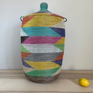 African Jumbo Woven Basket with Lid, Senegal Laundry Basket/Hamper, storage basket, 36" Tall/21" Diameter