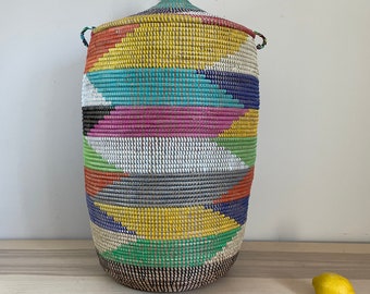 African Jumbo Woven Basket with Lid, Senegal Laundry Basket/Hamper, storage basket, 36" Tall/21" Diameter