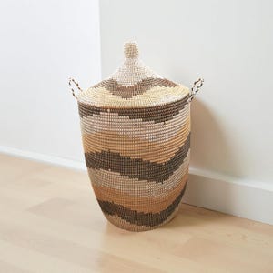 African Woven Basket with Lid, Senegal Laundry Basket/Hamper, Tall Storage Basket, Wicker Basket
