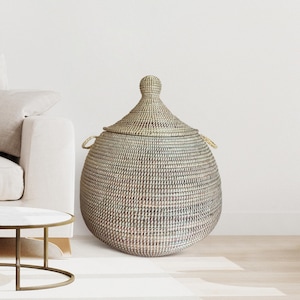 African Extra-Large Round Woven Basket with Lid, Senegal Laundry Basket/Hamper, Storage Basket, 30&quot; Tall/22&quot; Diameter
