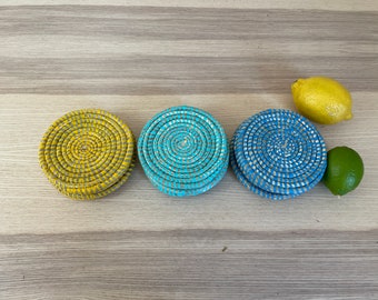 African Woven Coaster, Senegal Coaster, Natural Fiber, 4 3/4&quot; - 5” diameter, Set of 4