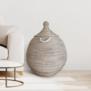 African Extra-Large Round Woven Basket with Lid, Senegal Laundry Basket/Hamper, Storage Basket, 30&quot; Tall/22&quot; Diameter