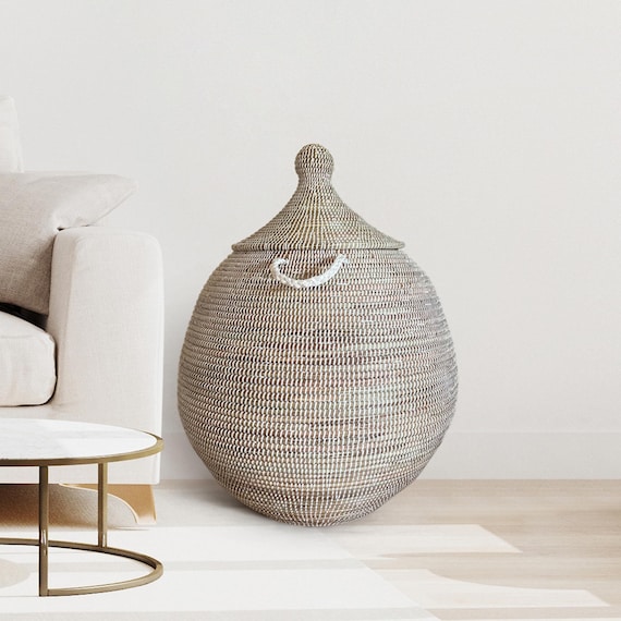 アフリカ特大ラウンド編みバスケット 蓋付き セネガル ランドリー