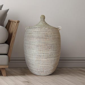 African Extra-Large Woven Basket with Lid, Senegal Laundry Basket/Hamper, Storage Basket, 31&quot; Tall/18&quot; Diameter