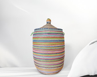 African Laundry Basket/Hamper with Lid, Senegal Woven Basket, storage basket, 25" Tall/14" Diameter