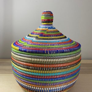 African Woven Decorative Storage Basket, Senegal Lidded Basket, Natural Palm Fiber, Toy Storage