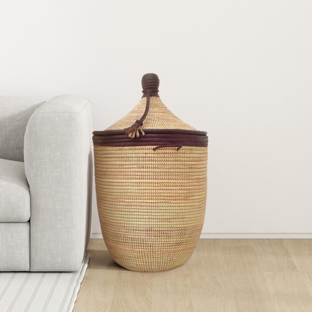 African Extra-large Woven Basket With Lid, Senegal Laundry Basket ...