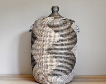African Extra-Large Woven Basket with Lid, Senegal Laundry Basket/Hamper, storage basket, 30" Tall/18" Diameter