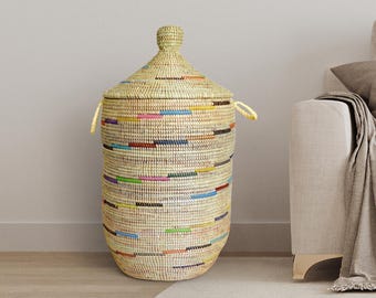 African Large Woven Basket with Lid, Senegal Laundry Basket/Hamper, storage basket, 25" Tall/14" Diameter