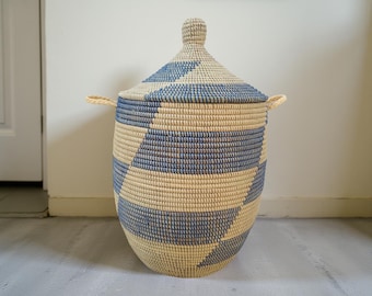 African Woven Basket with Lid, Senegal Laundry Basket/Hamper, Tall Storage Basket, Wicker Basket