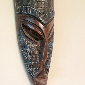 Hand-Carved Wood and Metal African Mask, Asante Ghana Mask, Decorative Hanging Mask, Africa Wall Decor, 18&quot; Tall