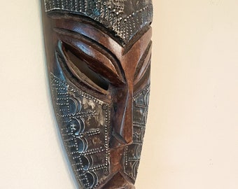 Hand-Carved Wood and Metal African Mask, Asante Ghana Mask, Decorative Hanging Mask, Africa Wall Decor, 18&quot; Tall