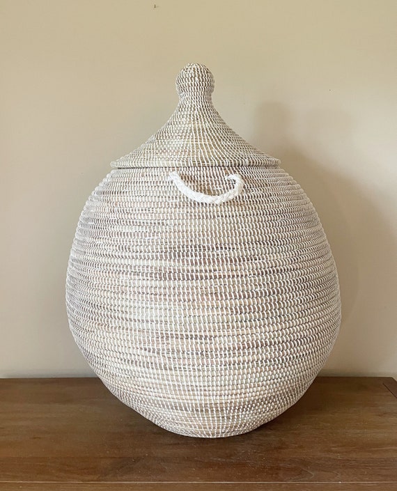 アフリカ特大ラウンド編みバスケット 蓋付き セネガル ランドリー