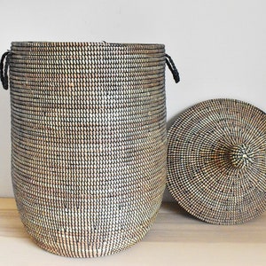 African Extra-Large Woven Basket with Lid, Senegal Laundry Basket/Hamper, Storage Basket, 31" Tall/18" Diameter