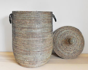 African Extra-Large Woven Basket with Lid, Senegal Laundry Basket/Hamper, Storage Basket, 31" Tall/18" Diameter