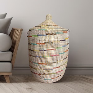 African Extra-Large Woven Basket, Senegal Laundry Basket/Hamper, storage basket, 30&quot; Tall/18&quot; Diameter