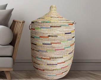 アフリカ特大編みバスケット 蓋付き、セネガルランドリーバスケット