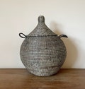 African Woven Decorative Round Storage Basket, Senegal Lidded Basket, Natural Palm Fiber, Toy Storage product logo