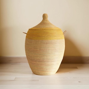 African Woven Basket with Lid, Senegal Laundry Basket/Hamper, Tall Storage Basket, Wicker Basket
