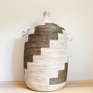 African Extra-Large Woven Basket with Lid, Senegal Laundry Basket/Hamper, storage basket, 30" Tall/18" Diameter