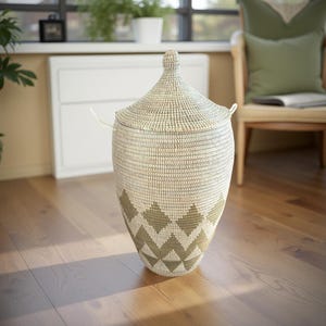 African Woven Basket with Lid, Senegal Laundry Basket/Hamper, Tall Storage Basket, Wicker Basket