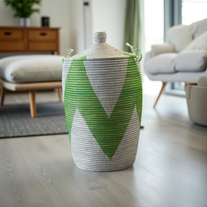 African Woven Basket with Lid, Senegal Laundry Basket/Hamper, Tall Storage Basket, Wicker Basket
