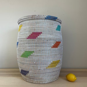 African Extra-Large Woven Basket with Lid, Senegal Laundry Basket/Hamper, storage basket, 23&quot; Tall/18&quot; Diameter